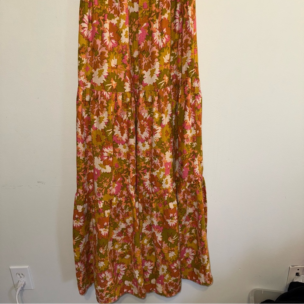 House of Harlow Bow Tie Front Linen Blend Tiered Maxi Dress in Mustard-Pink sz M - Picture 4 of 10
